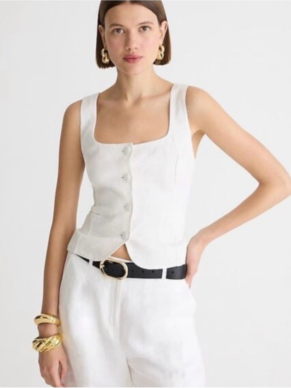 J. Crew White Linen Square-Neck Button Front Tank